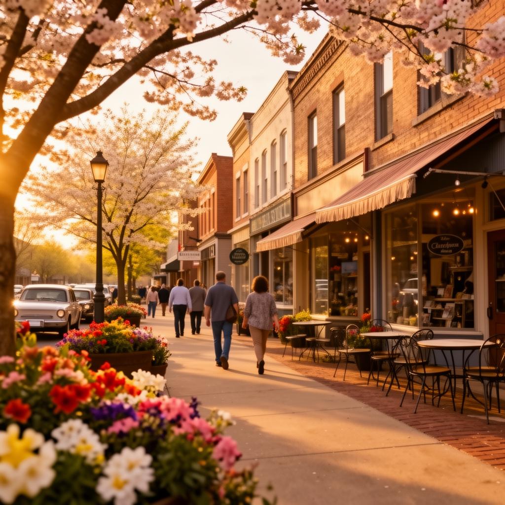 Charming small town main street in spring with blooming flowers